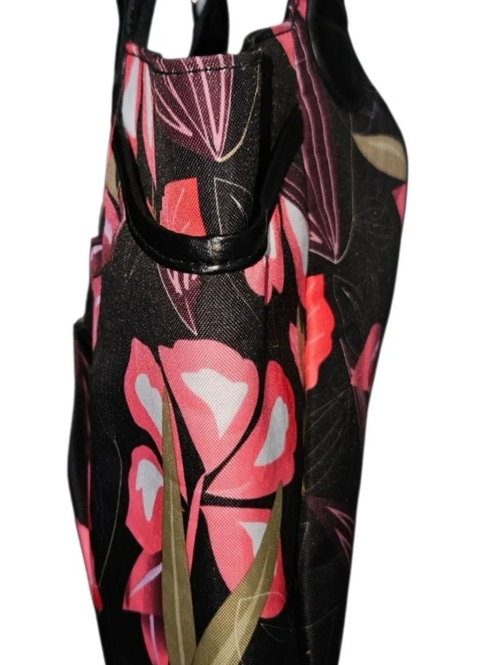 Black Floral Shoulder Bag with Pink Accents